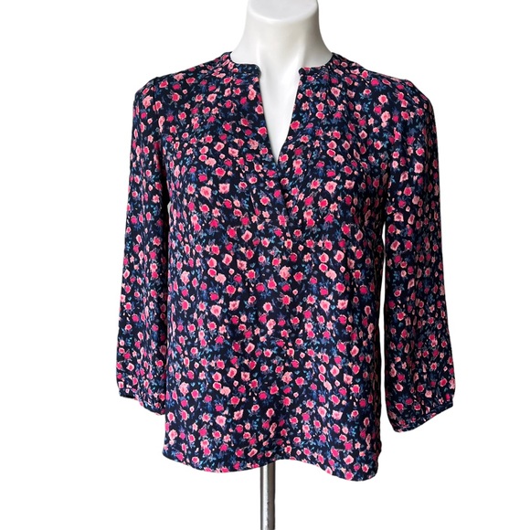 J. Crew Open V-Neck Top Dotted Floral Small Blue Pink Crepe Long Sleeve, Sz XS - Picture 3 of 13
